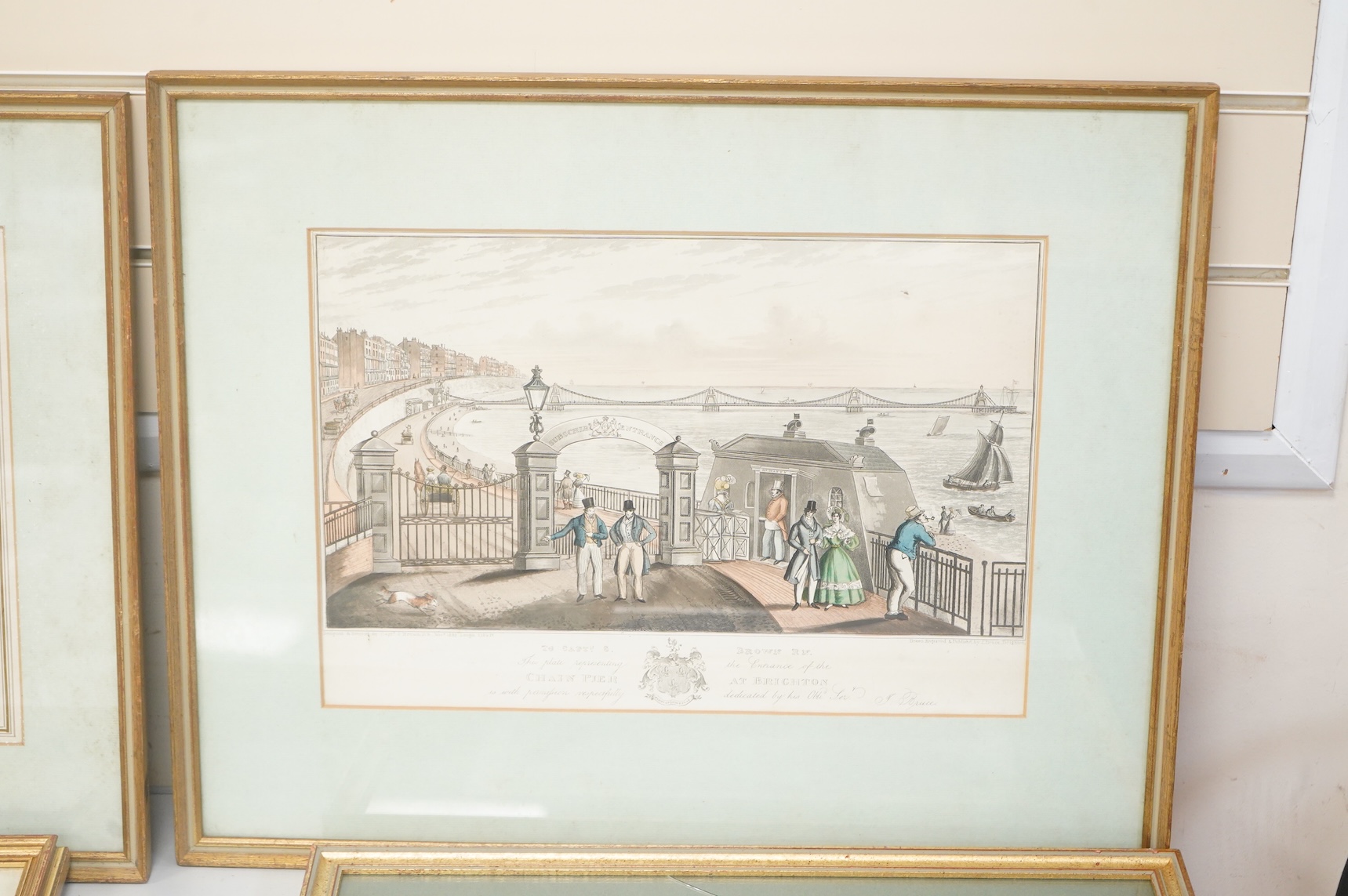 A collection of Brighton interest prints, 19th century and later relating to the Chain Pier, to include: After I. Bruce, The Entrance of The Chain Pier, engraving and one after John Constable, each framed, largest 28 x 3